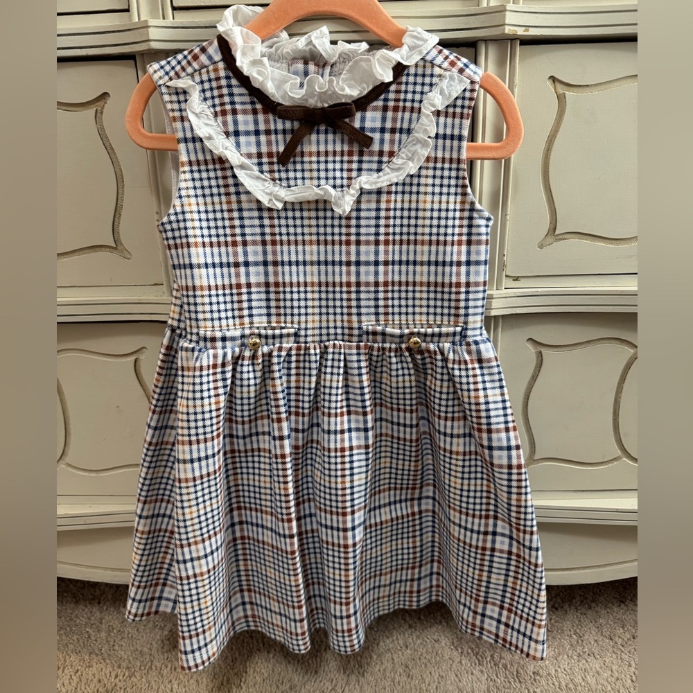 Janie and Jack Plaid Ribbon Collar Ponte Moonlight Blue Plaid Dress